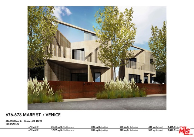 678 MARR Street Venice, California Rare development opportunity complete with approved plans, permits and coastal approval, ready to break ground new homes! Designed by award-winning architect Robert Thibodeau these two architectural homes include roof decks and patios to enjoy sunshine and ocean breezes and make the most of California coastal living. They will be a wonderful addition to the neighborhood. The new address and entrance will be on Olive St. and the garage will be accessed off Marr St. This is a fabulous location just West of Abbot Kinney and East of the Venice Canals near Beaches & Harbor. It is in the highly sought after Coeur d'Alene school district. The existing single-family home can be demolished prior to the close of escrow. The lot has already been split and will have two APN numbers once the house is demolished.