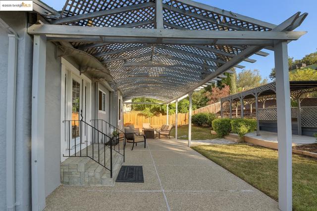 Fenced backyard with a patio area and a pergola
