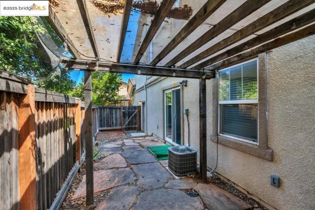 Fenced backyard with a patio