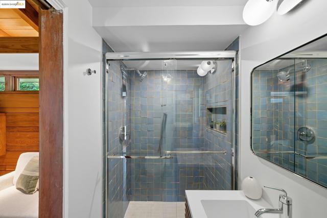 Ensuite bathroom featuring a shower stall, vanity, and a sauna