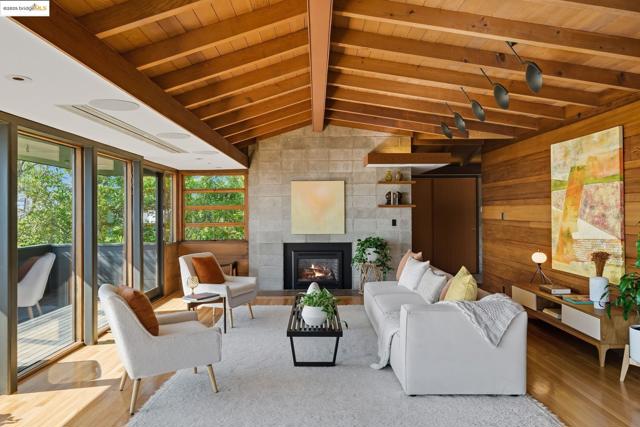Living area featuring wooden walls, wood finished floors, a fireplace, and wooden ceiling
