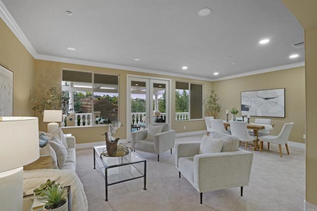 French doors and view back drop to large living area and dining space.