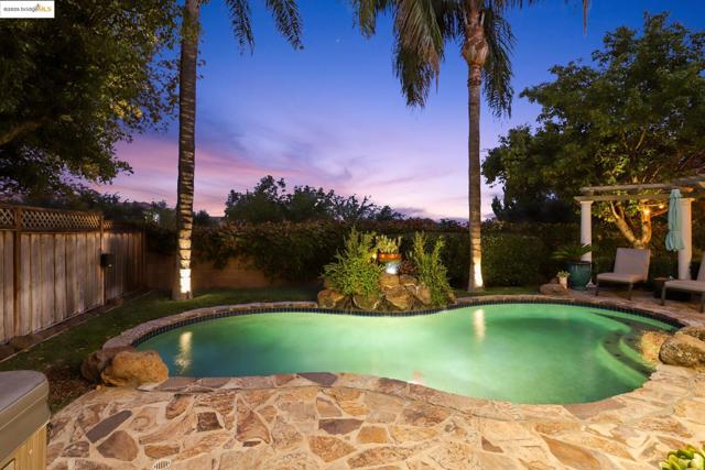 View of swimming pool featuring a patio, a fenced backyard, and a pergola
