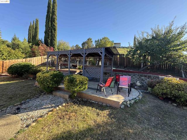 Fenced backyard featuring a deck and a gazebo