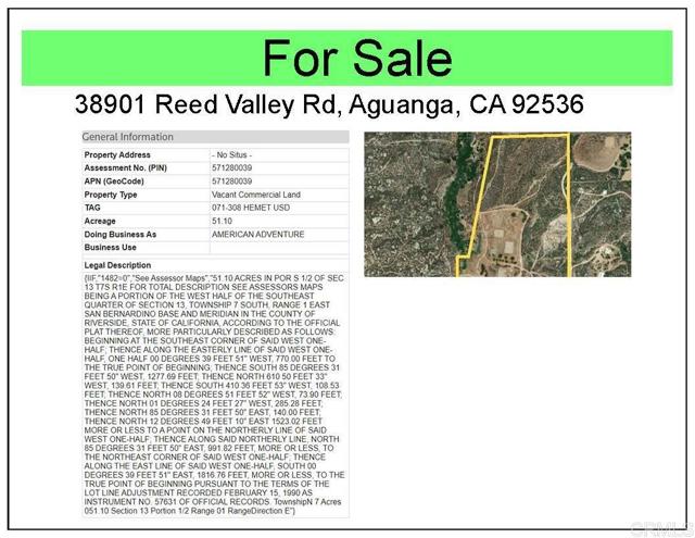 38901 Reed Valley Rd, Aguanga, California 92536, ,Land,For Sale,38901 Reed Valley Rd,CRPTP2400169