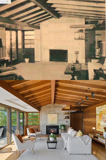 Living room with wooden ceiling, wood finished floors, and a tiled fireplace