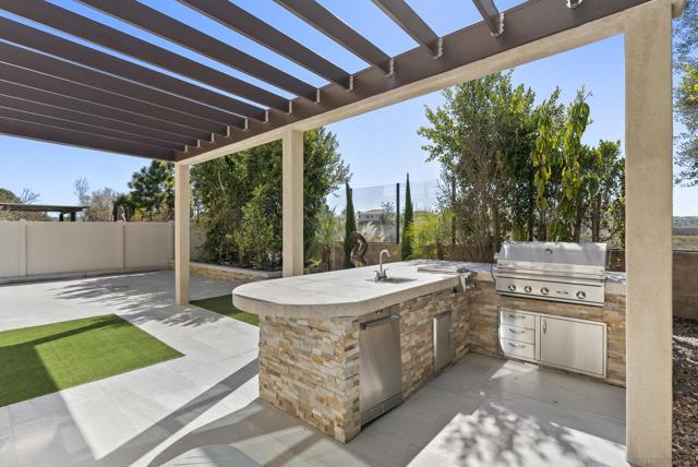 Outdoor kitchen with Delta appliances including grill, side burner and refrigerator