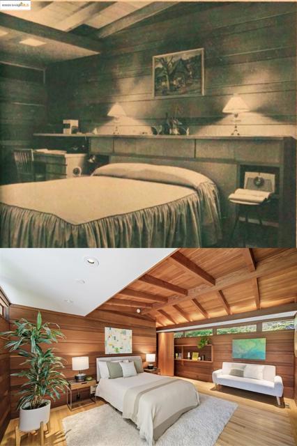 Bedroom featuring wood ceiling and wood walls